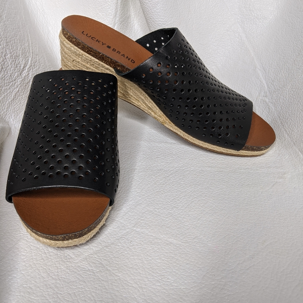 Lucky Brand Leather Wedge Sandal Black 9M